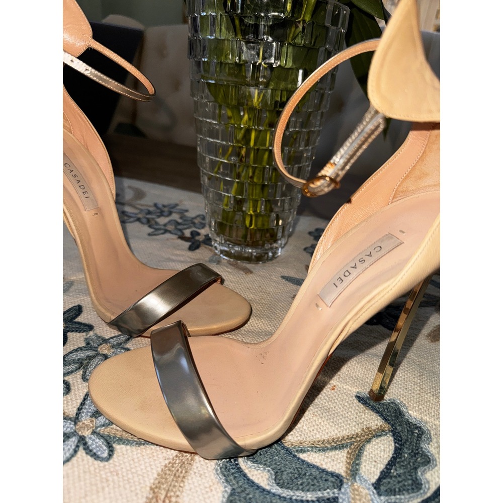 Casadei Blade Sandals Beige Silver Metallic Ankle‎ Strap Stiletto Heels Italy 38 - Picture 5 of 10